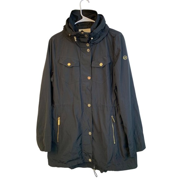 Michael Kors Black Hood Coat L Gold Zip Rain Wind Transition RR10487 Mid EUC - Picture 9 of 16